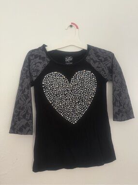 Justice Girls Black Heart Rhinestone Lace-Sleeve Top